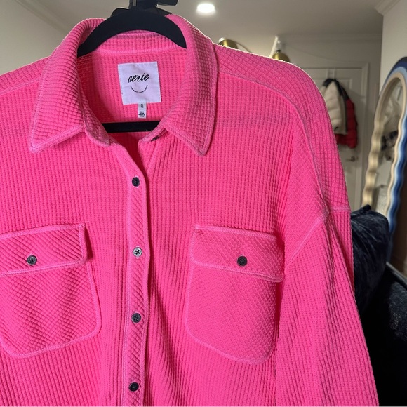 Aerie LumberJane Waffle Shirt Shacket Button Down Oversized in Coral Sun - Picture 8 of 14